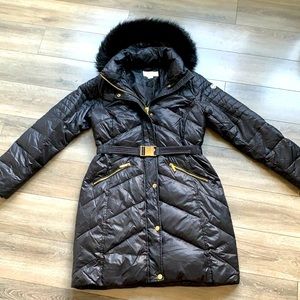 Michael Kors belted down parka with removable fur hood